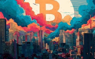 A cityscape at sunset with dense, colorful clouds and a large Bitcoin symbol in front of a bright, full sun dominating the sky. The overall scene has a vibrant, surreal, and slightly futuristic style.