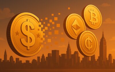 A large gold coin with a dollar symbol breaks into pixels and transforms into three smaller coins with Bitcoin, Ethereum, and cent symbols, against a city skyline at sunset.