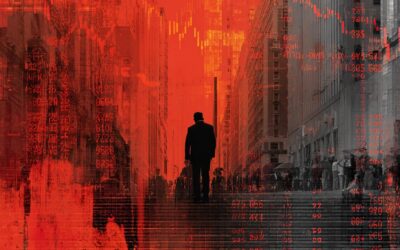 A silhouette of a person stands on city steps against a backdrop of tall buildings, overlaid with red tones and financial data graphs, suggesting market decline or economic uncertainty.