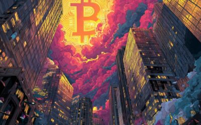 A cityscape with tall buildings and colorful clouds. In the sky, a large glowing Bitcoin symbol is surrounded by vibrant, swirling clouds, dominating the scene above the city.