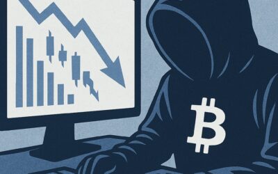 A person in a hooded sweatshirt with a Bitcoin symbol on the chest types on a keyboard. A computer monitor displays a downward trending graph and candlestick chart.